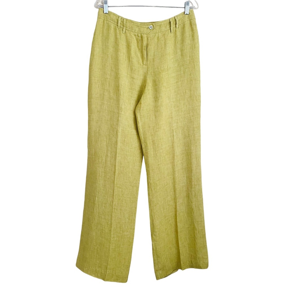 Irene Van Ryb Pea Green 100% Linen Classic Effortless Straight Leg Pants Size 42 - Picture 2 of 9